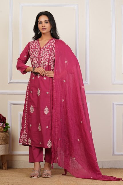 Women Ethnic Motifs Embroidered Thread Work Pure Cotton Kurta Set & Dupatta